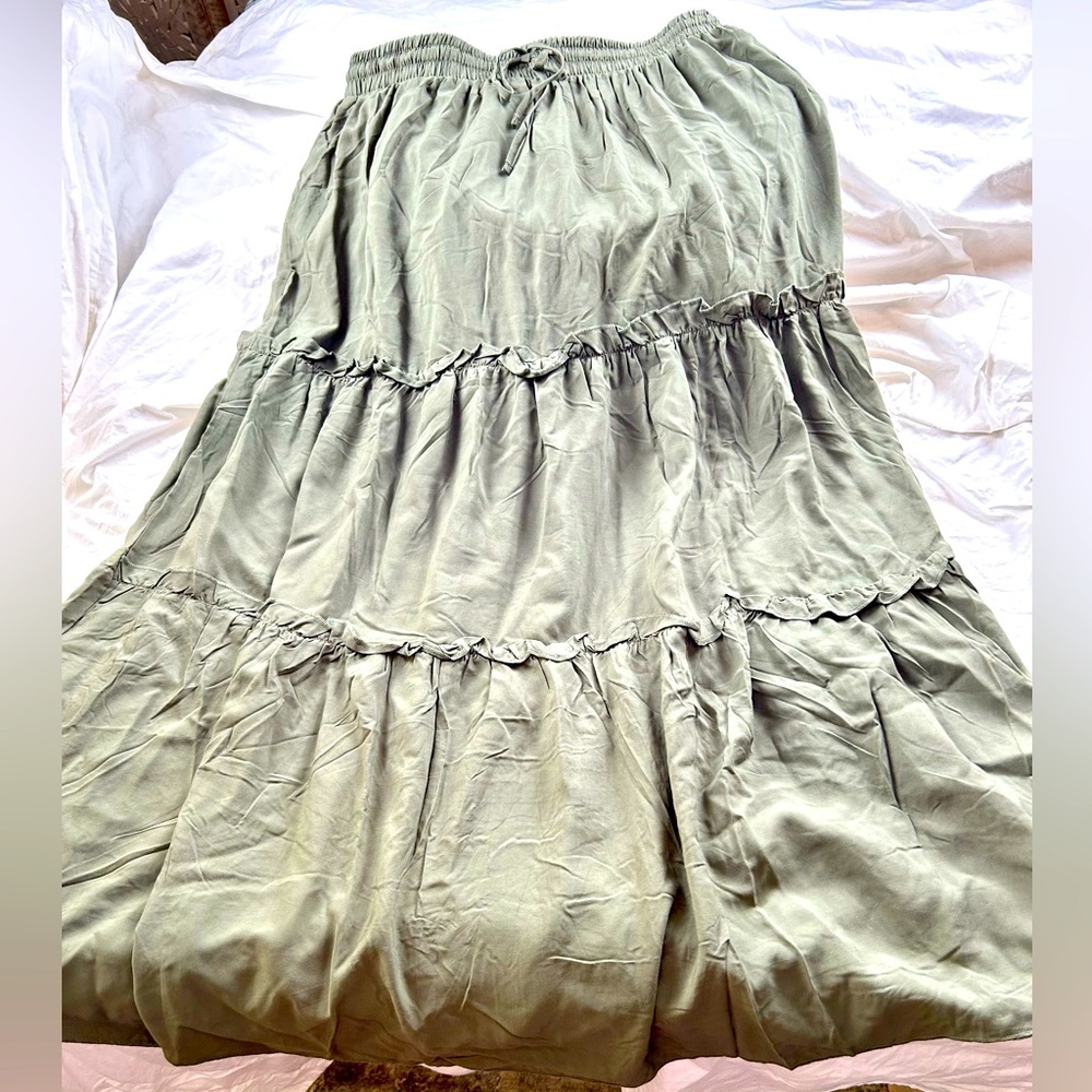 Zenana ladies woven ruffle tiered maxi skirt, soft olive color